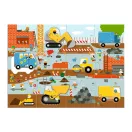 Djeco Építkezés óriás puzzle 12+5 darabos doboza kék színben, állatos munkagépekkel