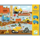 Djeco Építkezés óriás puzzle 12+5 darabos doboza kék színben, állatos munkagépekkel