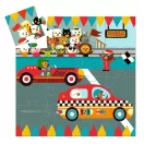 A kirakott 16 darabos Djeco versenyautós puzzle az állatos közönséggel és a célvonallal