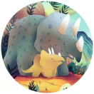 Djeco Teo a kis dínó puzzle kerek illusztrációja a nagy szürke és kis sárga triceratopsról