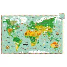 A kirakott Djeco világtérkép puzzle a kontinensek állataival és épületeivel