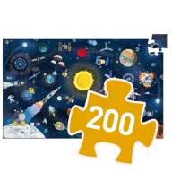 Djeco Megfigyeltető puzzle - A világűr 200 darabos doboza az ismeretterjesztő füzettel