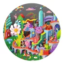 Közeli részletfotó a Djeco megfigyelő puzzle-ről a mókás állatokkal és épületekkel