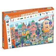 Djeco A város 200 darabos megfigyelő puzzle narancssárga doboza nyüzsgő városi illusztrációval
