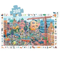 Djeco A város 200 darabos megfigyelő puzzle narancssárga doboza nyüzsgő városi illusztrációval