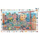 Djeco A város 200 darabos megfigyelő puzzle narancssárga doboza nyüzsgő városi illusztrációval