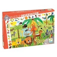Djeco megfigyelő puzzle narancssárga doboza dzsungel állataival és harmincöt darabos felirattal