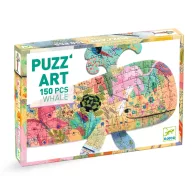 Djeco 150 darabos bálna alakú művészeti puzzle színes állatfigurákkal a dobozában