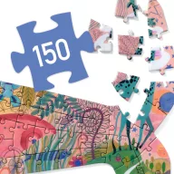 Djeco 150 darabos bálna alakú művészeti puzzle színes állatfigurákkal a dobozában