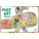 Djeco 150 darabos bálna alakú művészeti puzzle színes állatfigurákkal a dobozában