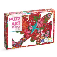 Djeco Puzz Art Bird 500 darabos madár alakú puzzle doboza színes virágos és madaras mintával