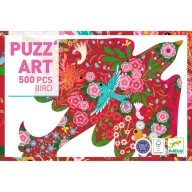Djeco Puzz Art Bird 500 darabos madár alakú puzzle doboza színes virágos és madaras mintával