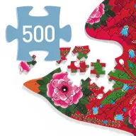 Djeco Puzz Art Bird 500 darabos madár alakú puzzle doboza színes virágos és madaras mintával