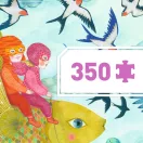Közeli kép a Djeco Eső után puzzle figuráiról a sárga repülő halon