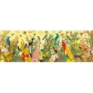 A kirakott Djeco Peaceful birds panoráma puzzle teljes képe színes madarakkal a fákon