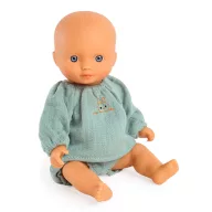 Három darab Djeco mini játékbaba 20 cm-es méretben rózsaszín, barna és zöld textil ruhában