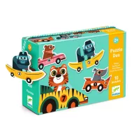Djeco autós párosító puzzle zöld hordozófüllel ellátott doboza színes állatos versenyautókkal