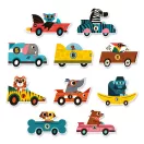 Tíz darab összeállított Djeco autós párosító puzzle különböző állatfigurákkal és számokkal egytől tízig