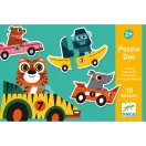 Djeco autós párosító puzzle zöld hordozófüllel ellátott doboza színes állatos versenyautókkal