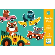 Djeco autós párosító puzzle zöld hordozófüllel ellátott doboza színes állatos versenyautókkal