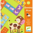 Djeco farmos domino játék színes kétoldalas lapjai és a tárolódoboz grafikája