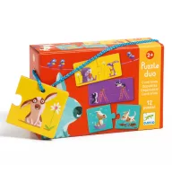 Djeco Ellentétek párosító puzzle doboza kék hordozózsinórral és egy lógó kutyás puzzle elemmel