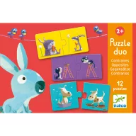 Djeco Ellentétek párosító puzzle doboza kék hordozózsinórral és egy lógó kutyás puzzle elemmel