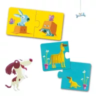 Djeco Ellentétek párosító puzzle doboza kék hordozózsinórral és egy lógó kutyás puzzle elemmel