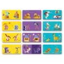 Djeco Ellentétek párosító puzzle doboza kék hordozózsinórral és egy lógó kutyás puzzle elemmel