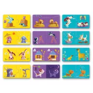 Djeco Ellentétek párosító puzzle doboza kék hordozózsinórral és egy lógó kutyás puzzle elemmel