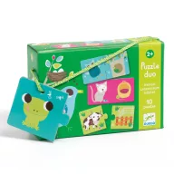 Djeco Ki hol lakik párosító puzzle zöld hordozózsinóros doboza béka mintás puzzle darabbal