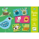 Djeco Habitat párosító puzzle dobozának grafikája bagoly macska és tehén mintás elemekkel
