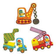 Djeco Munkagépek párosító puzzle kék színű doboza zsinóros fogantyúval és mozgatható markolós mintával.