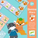Djeco Domino Little friends 28 darabos készlet színes állatos dominólapjai és a doboz grafikája