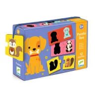 Djeco Shadows sziluett párosító puzzle kék színű díszdobozban, sárga kutyus és állatfigurás árnyékképek illusztrációjával