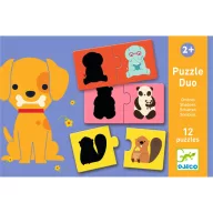 Djeco Shadows sziluett párosító puzzle kék színű díszdobozban, sárga kutyus és állatfigurás árnyékképek illusztrációjával