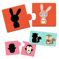 Djeco Shadows sziluett párosító puzzle kék színű díszdobozban, sárga kutyus és állatfigurás árnyékképek illusztrációjával