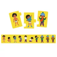 Djeco Öltözködés 10 darabos sorozatkirakó puzzle kék doboza sárga akasztóval