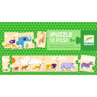 Djeco Kicsi és nagy 10 darabos sorozatkirakó puzzle doboza zöld háttérrel és állatfigurákkal