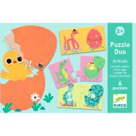 Djeco Funny eggs párosító puzzle kék színű doboza zöld hordozózsinórral és tojás alakú függővel