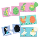 Djeco Kié a tojás párosító puzzle kirakott elemei krokodillal pingvinnel kacsával és mozgatható tojáshéjakkal