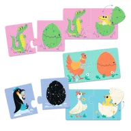 Djeco Funny eggs párosító puzzle kék színű doboza zöld hordozózsinórral és tojás alakú függővel