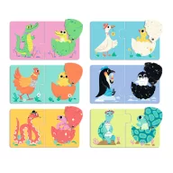 Djeco Funny eggs párosító puzzle kék színű doboza zöld hordozózsinórral és tojás alakú függővel