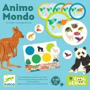 Djeco Animo Mondo társasjáték elemei színes kontinens térképekkel és állatkorongokkal