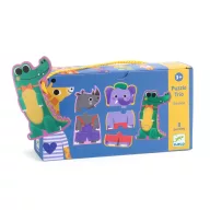Djeco Dzsungel hangjai trió puzzle kék színű zsinóros doboza színes állatfigurákkal