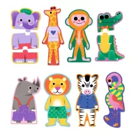 Djeco Dzsungel hangjai trió puzzle kék színű zsinóros doboza színes állatfigurákkal