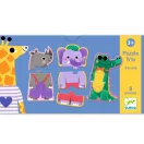 Djeco Dzsungel hangjai trió puzzle kék színű zsinóros doboza színes állatfigurákkal