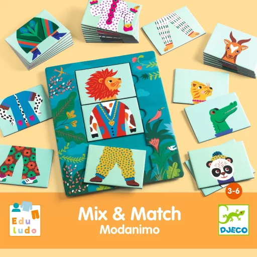 Djeco Fejlesztő játék - Állatdivat, 54 db-os - Eduludo Mix and Match Modanimo