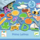 Djeco Eduludo Lettres közeli kép a színes francia betűkről és a hozzájuk tartozó illusztrált figurákról