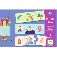 Djeco My daily life 24 darabos párosító puzzle színes doboza és a kirakható háromrészes napi rutin jelenetek